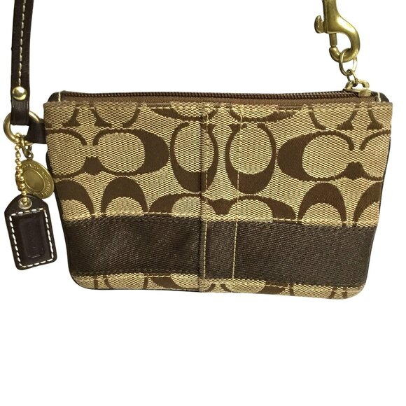 Coach Signature Brown Jacquard Wristlet Purse Clutch Bag Small Zip C Logo - Picture 3 of 6
